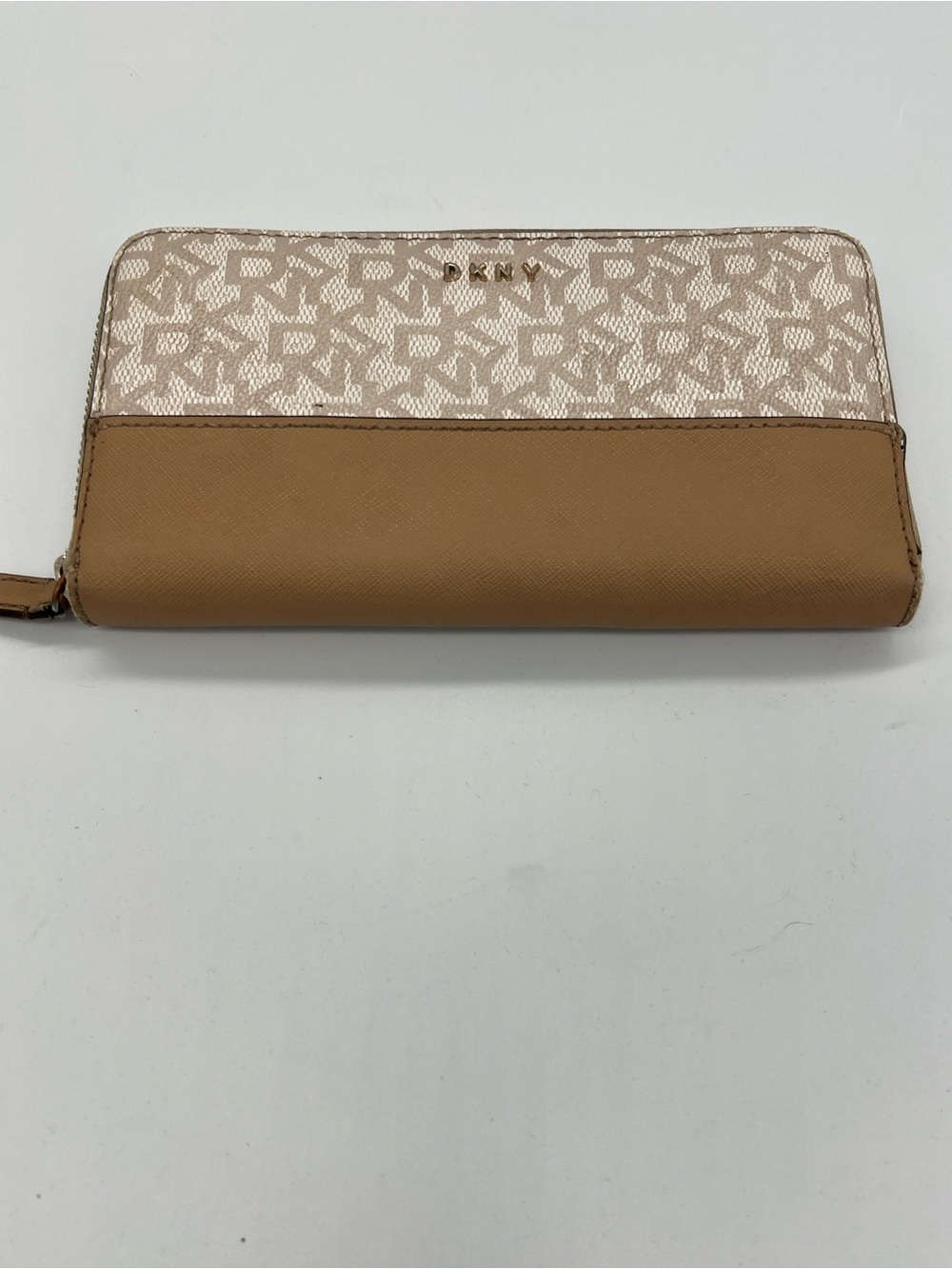 DKNY Beige Monogram and Tan Zip Wallet